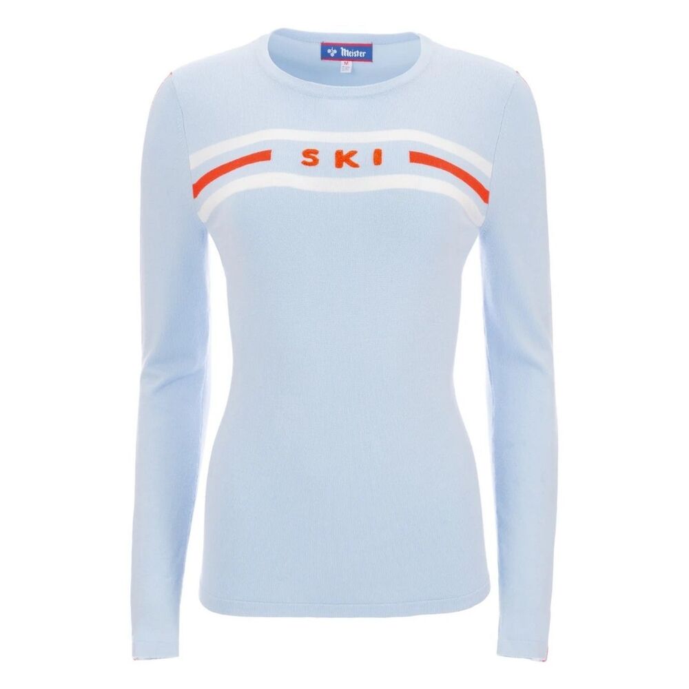 Meister Ski Sweater Women Light Blue Retro Alpine Apres Ski Patch Intarsia